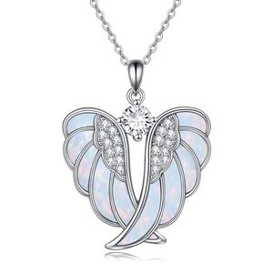 Angel Wing Necklace Blue White Opal Pendant Gift
